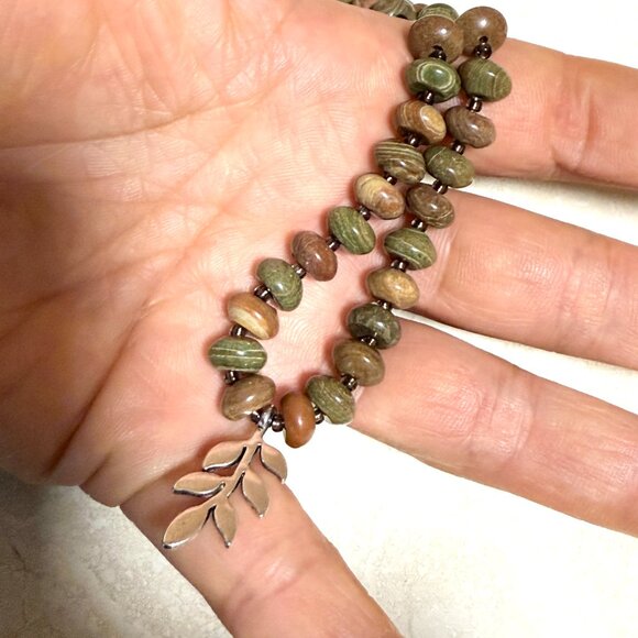 Genuine Earthy Polychrome Jasper Silver Leaf Branch Beaded Short Necklace - Picture 11 of 11
